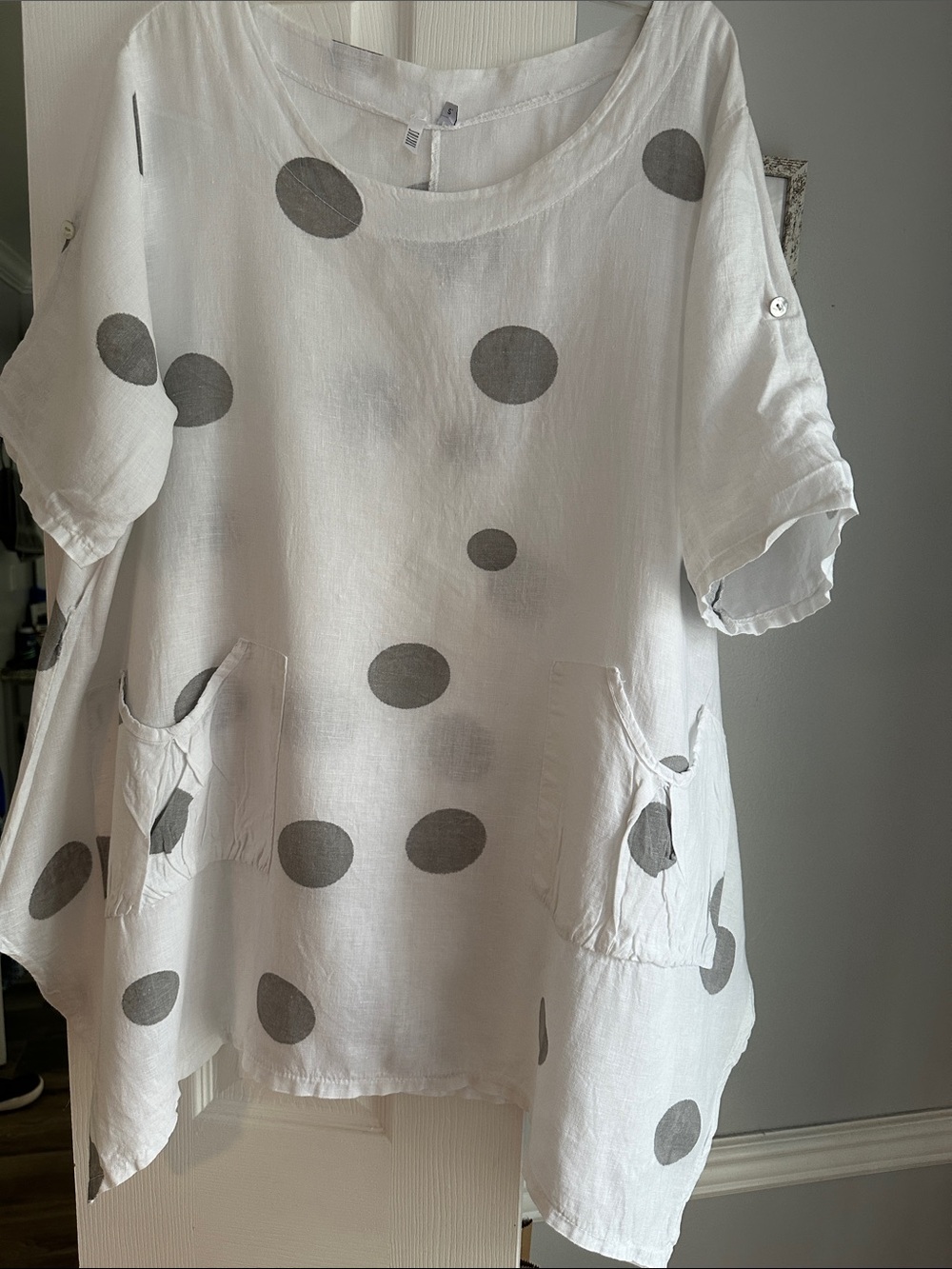 Ladies White Polka Dot Pocket Tunic Top All Linen Size Small Oversized